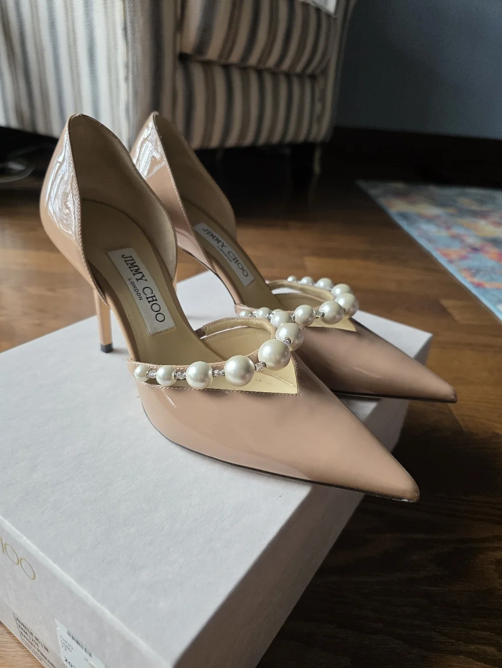 Jimmy Choo Nude Patent Leather Pearl-Embellished Pointed Toe Heels - Picture 2 of 6